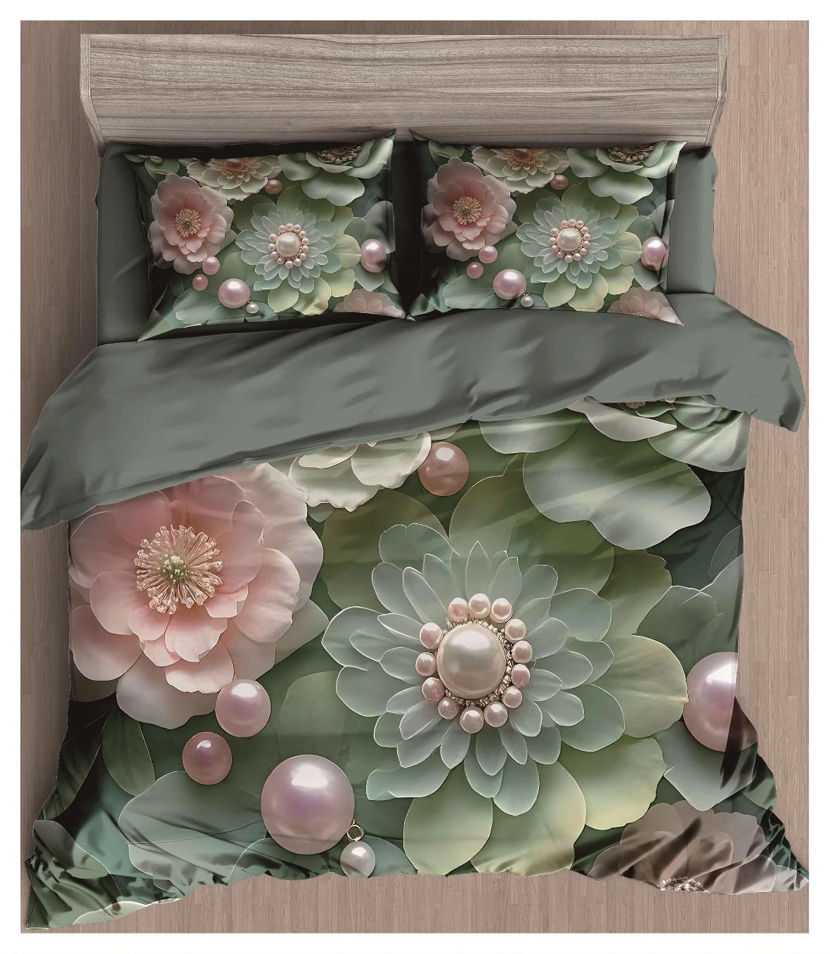 A 3D floral bedding set featuring a duvet cover and two matching pillowcases with a detailed design of large pale green and pink flowers, pearl-like accents, and a dark sage green base, shown inside a light wood bed frame.

