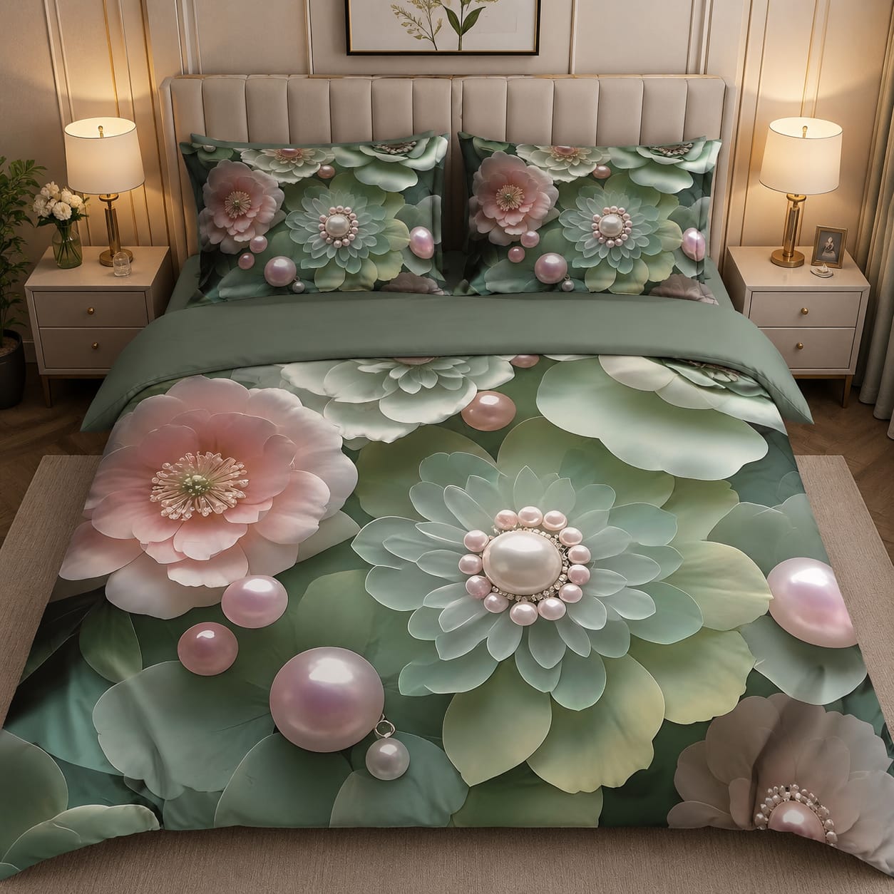 A luxury bedding set featuring a 3D floral print with large pink and pale green flowers, pearl-like accents, and a matching green solid section, styled on a bed in a modern bedroom setting.

